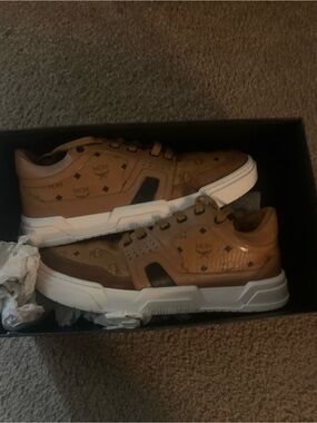 MCM Cognac Logo Leather Sneakers with White Sole